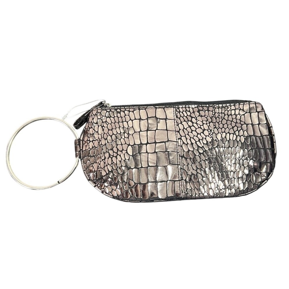 Vintage Metallic Silver Crocodile Embossed Wristlet Clutch Bag Ring Handle Y2K